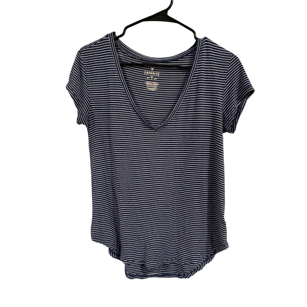 American Eagle Outfitters Navy Blue White Striped V-Neck T-Shirt XS Short Sleeve
